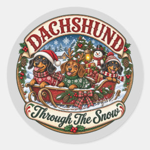 Dachshund door de Sneeuw Mooie Kerst slee Ronde Sticker