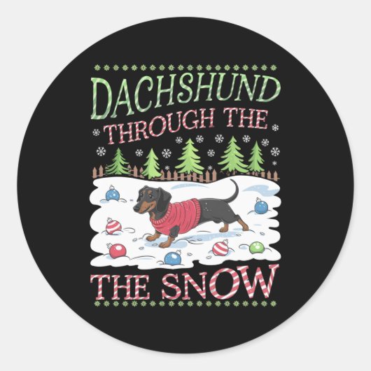 Dachshund door de sneeuw ronde sticker (Voorkant)