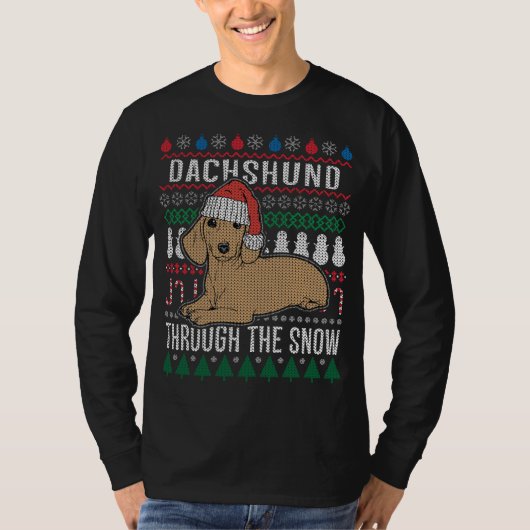 Dachshund door de sneeuw Ugly met kerst T-shirt (Voorkant)