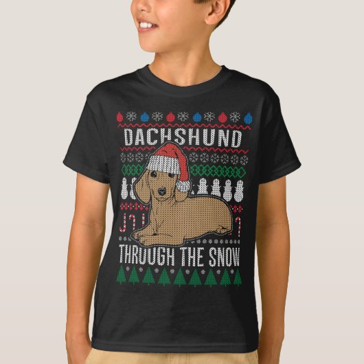 Dachshund door de sneeuw Ugly met kerst T-shirt (Voorkant)