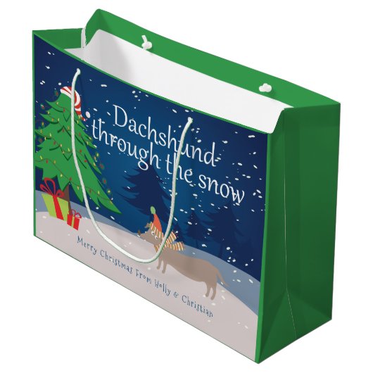 Dachshund door de sneeuwkerst op maat large cadeautasje (Voorkant Gekanteld)