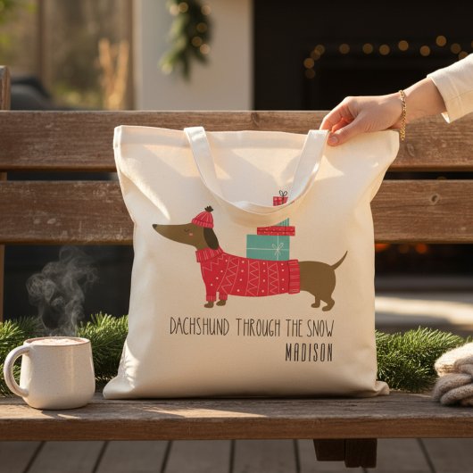 Dachshund door de Sneeuwkersthond Fun-naam Tote Bag