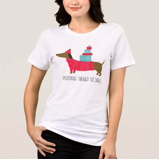 Dachshund door de sneeuwklap met kerstmis Tri-Blend shirt (Voorkant)