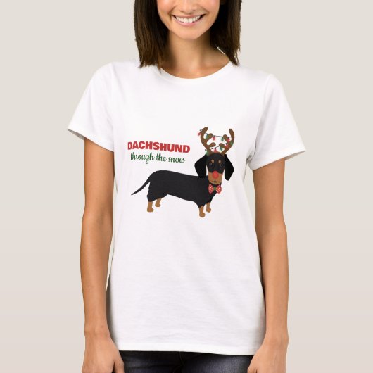 Dachshund door sneeuw Schattige Doxie rendier hond T-shirt (Voorkant)