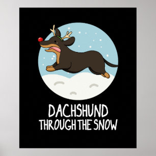 Dachshund doorheen de sneeuwkerst, donkere bg poster