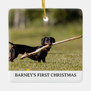 DACHSHUND Eerste Kerstmis Foto Naam Jaar Keramisch Ornament