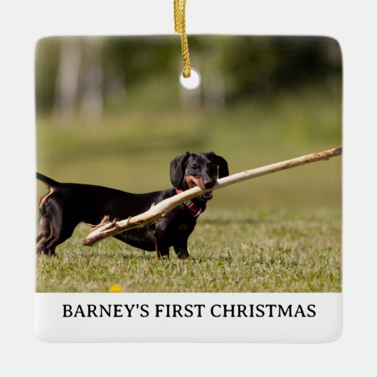 DACHSHUND Eerste Kerstmis Foto Naam Jaar Keramisch Ornament (Voorkant)