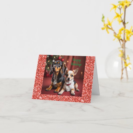 Dachshund en Chihuahua Kerst Kaart (Gele Bloem)
