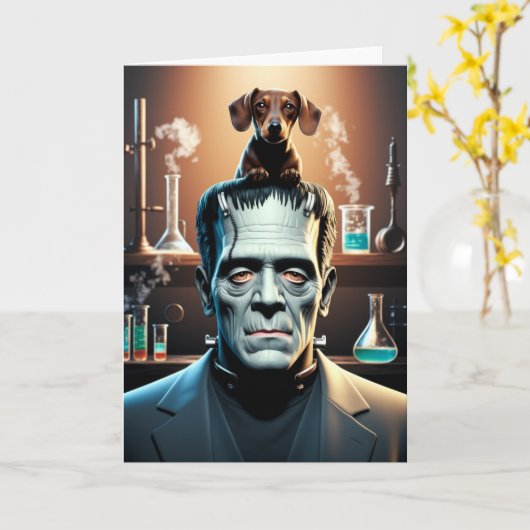 Dachshund en Frankenstein Kaart (Gele Bloem)