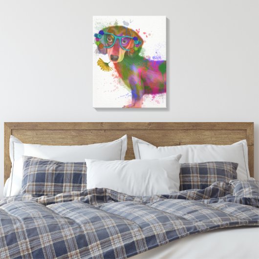 Dachshund en Glasses Rainbow Splash Canvas Afdruk (Insitu (Slaapkamer))