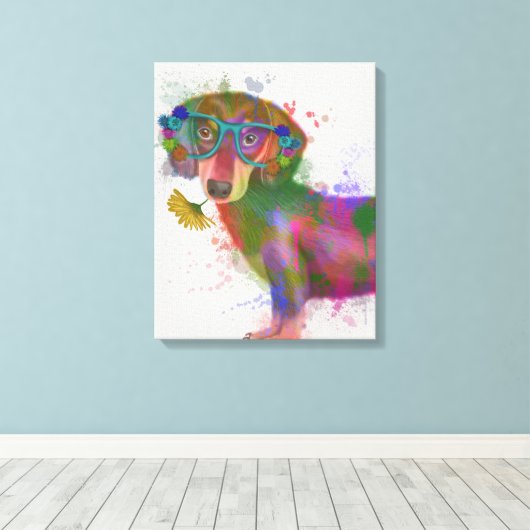 Dachshund en Glasses Rainbow Splash Canvas Afdruk (Insitu (Houten vloer))