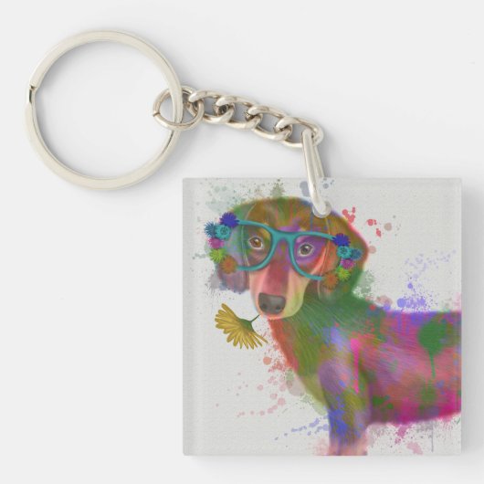 Dachshund en Glasses Rainbow Splash Sleutelhanger (Voorkant)