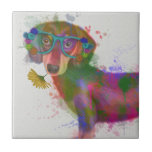 Dachshund en Glasses Rainbow Splash Tegeltje<br><div class="desc">Deze waterverf print bevat een kleurrijk portret van een sund in een blauwgroen glazen gekleurd in bloemen | Door Fab Funky</div>