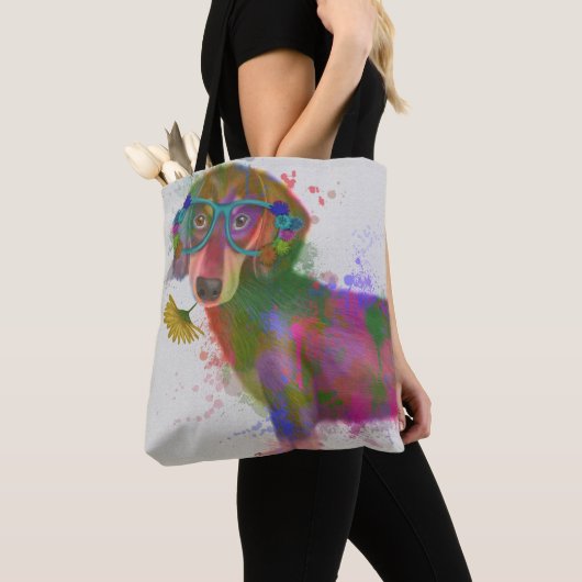 Dachshund en Glasses Rainbow Splash Tote Bag (Dichtbij)