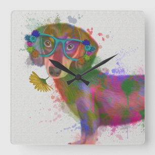 Dachshund en Glasses Rainbow Splash Vierkante Klok