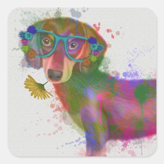 Dachshund en Glasses Rainbow Splash Vierkante Sticker (Voorkant)