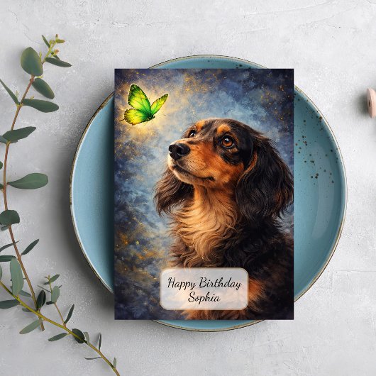 Dachshund en Groene Vlinder Kaart