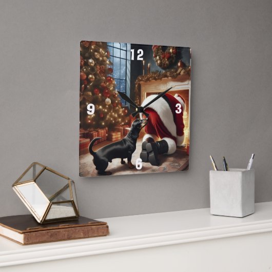 Dachshund en Kerstman  Vierkante Klok (Kantoor)