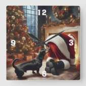 Dachshund en Kerstman  Vierkante Klok (Voorkant)
