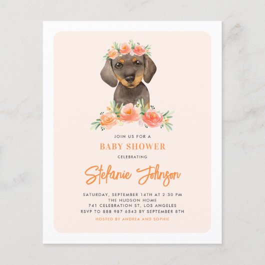 Dachshund en Perzik Bloemen Baby shower Uitnodigin (Voorkant)