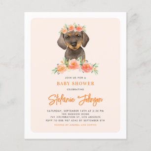 Dachshund en Perzik Bloemen Baby shower Uitnodigin