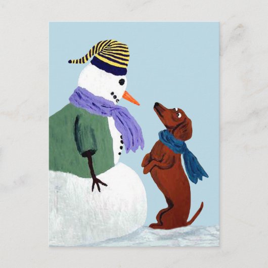 Dachshund En Sneeuwman Ansichtkaart Briefkaart (Voorkant)