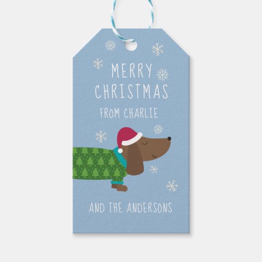 Dachshund en sneeuwvlokken familie cadeaulabel (Voorkant)
