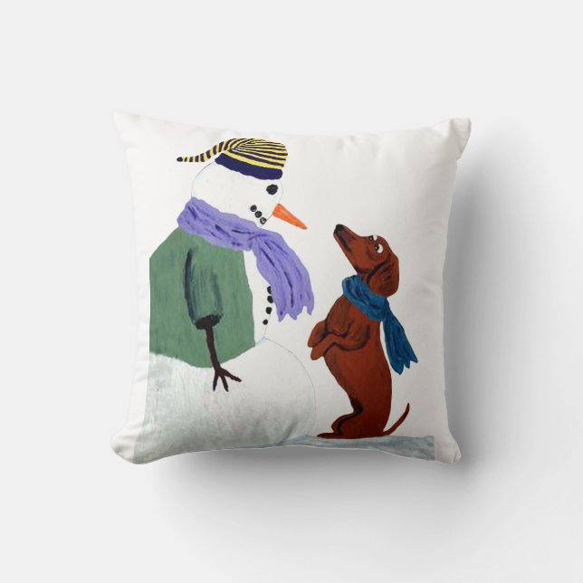 Dachshund en Snowman Kussen (Voorkant)