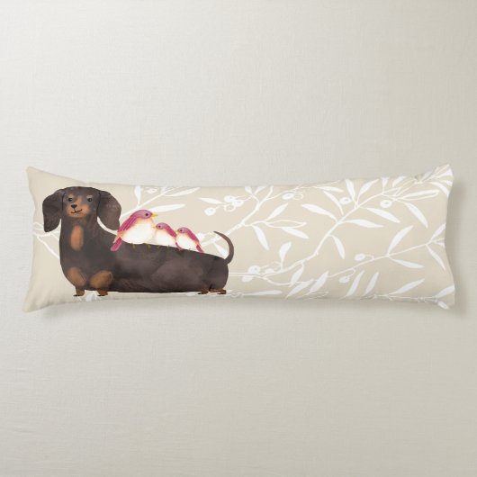 Dachshund- en vogelfamilie lichaamskussen (Voorkant)