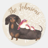 Dachshund- en vogelfamilie ronde sticker (Voorkant)