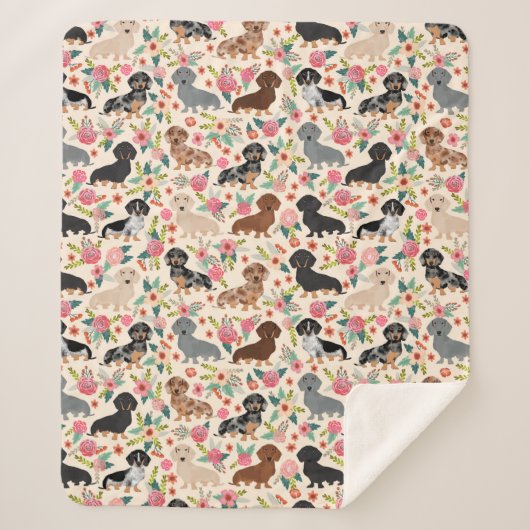 dachshund floral dogs crème  floral sherpa deken (Voorkant)