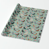 dachshund floral florals munt cadeaupapier (Uitgerold)
