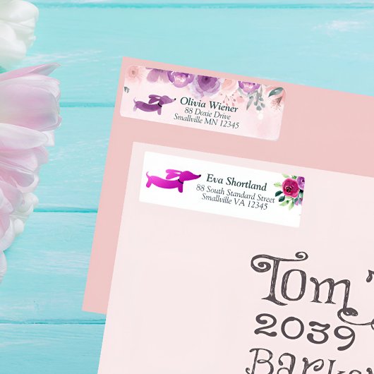 Dachshund Floral Return Address Label Paars