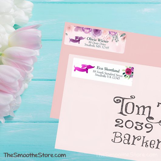 Dachshund Floral Return Address Label Paars