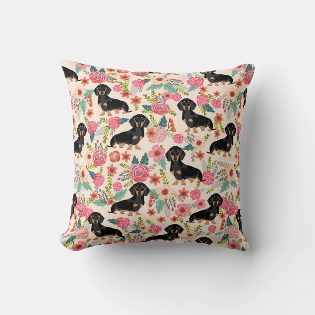 Dachshund florals drukken kussens met schattig cad (Voorkant)