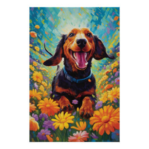 Dachshund Frolicking in een veld van kleurrijke bl Perfect Poster