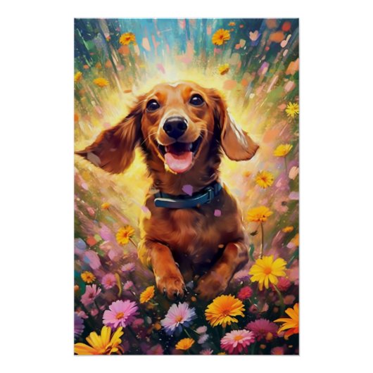 Dachshund Frolicking in een veld van kleurrijke bl Perfect Poster (Voorkant)
