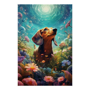 Dachshund Frolicking in een veld van kleurrijke bl Perfect Poster