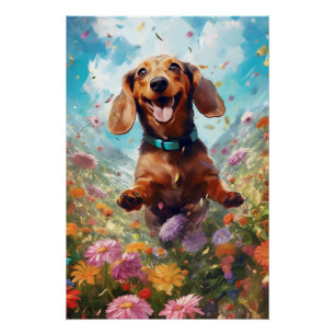 Dachshund Frolicking in een veld van kleurrijke bl Perfect Poster