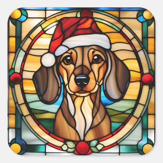 Dachshund Gebrandschilderde Glas Kerststicker Vierkante Sticker (Voorkant)