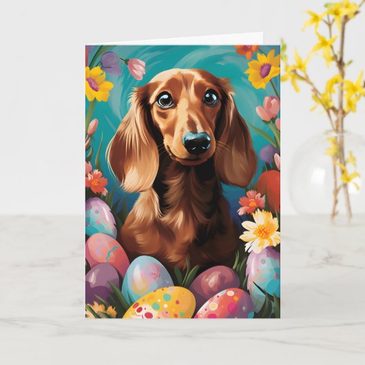 Dachshund Gelukkig Pasen Kaart (Gele Bloem)