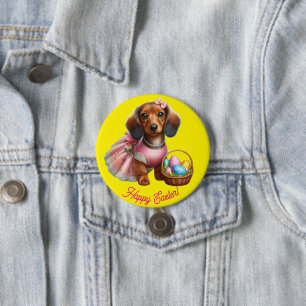 Dachshund Gelukkig Pasen Knop Ronde Button 7,6 Cm