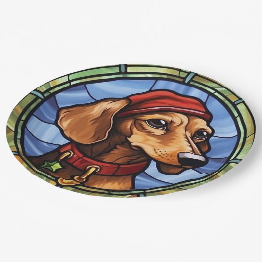Dachshund Glas in lood Kerst Papieren Bordje (Gekanteld)