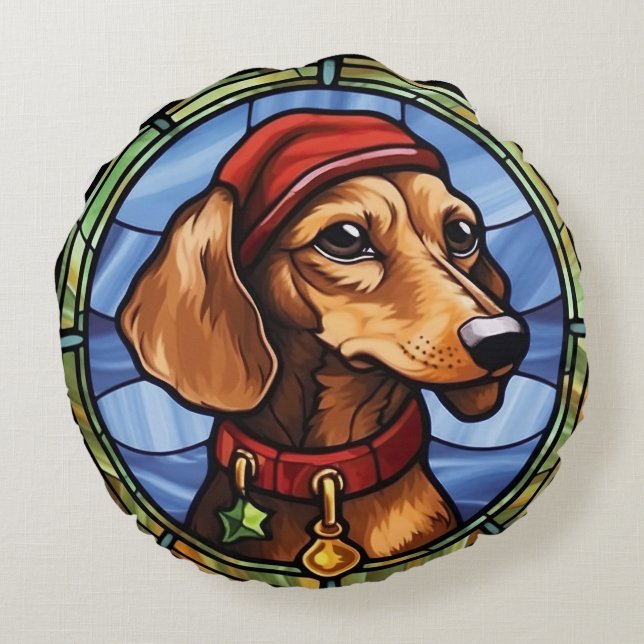 Dachshund Glas in lood Kerst Rond Kussen (Achterkant)