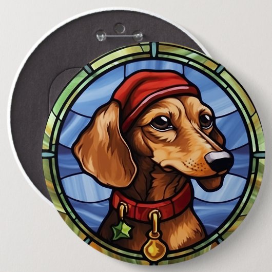 Dachshund Glas in lood Kerst Ronde Button 6,0 Cm (Voorkant /achterkant)