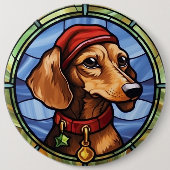 Dachshund Glas in lood Kerst Ronde Button 6,0 Cm (Voorkant)