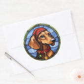 Dachshund Glas in lood Kerst Ronde Sticker (Envelop)