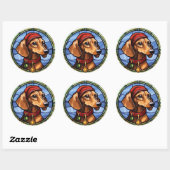Dachshund Glas in lood Kerst Ronde Sticker (Vel)