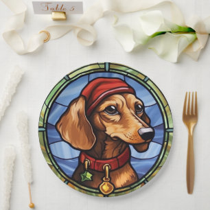Dachshund Glas in Lood Kerstmis Papieren Bordje