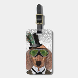 Dachshund Green Goggles Top Hat Bagagelabel
